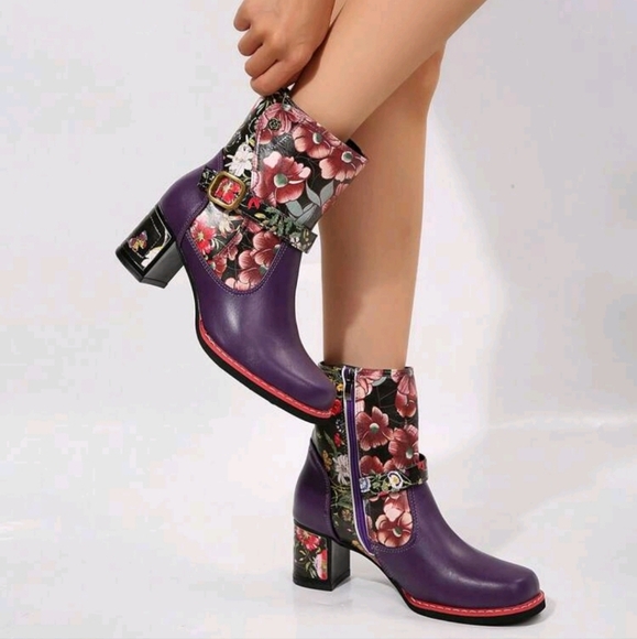 WomenFashion Western Style Printed Leather Patchwork Ankle Boots,Metal Buckle - Picture 1 of 6